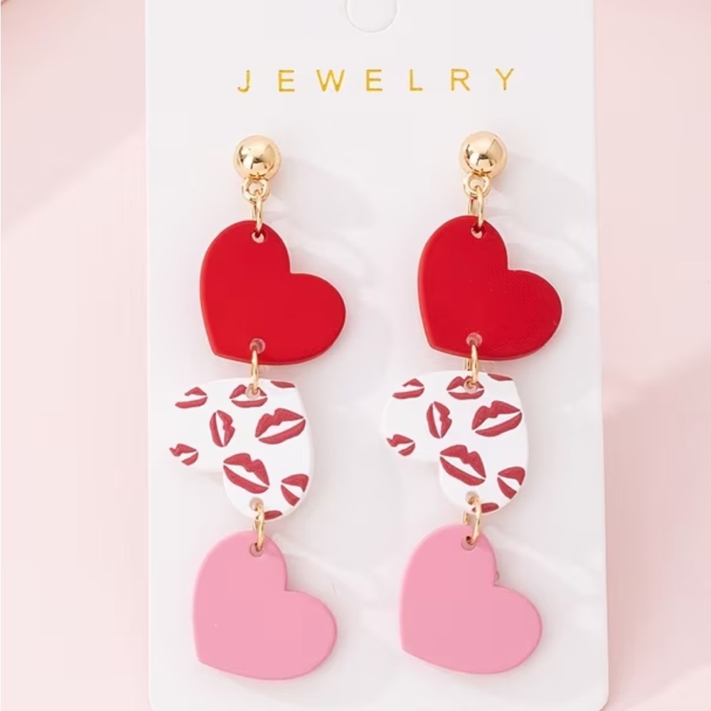 Heart Drop Earrings - Red, Pink, and White